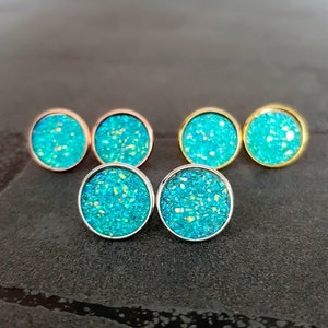 Oorknopjes zilver kristal kristallen ronde oorbellen met zetting dames oorbellen diverse kleuren glitter druzy steen 12 mm Türkis