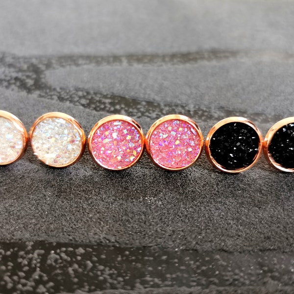 Ohrstecker Roségold Kristall 3er Set & einzeln weiß rosa schwarz Rotgold Fassung rund Ohrringe 10mm NEU Cabochon Glitzer Modeschmuck