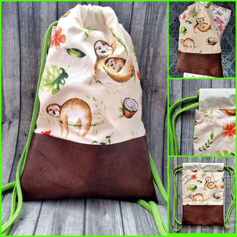 Backpack sloth beige brown gym bag tropical bag jute bag faux leather with drawstring hipster animals laundry bag gift idea image 8