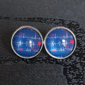 Earrings ECG Heart Tones Dark Blue Hearts Silver Gold Nurse Nurse Frame Round Earrings Accessories 12mm Glass Gift Idea