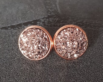 Orecchini a bottone in cristallo color oro rosa, glitter beige e marrone, orecchini rotondi, montatura in oro rosa, oro rosso, orecchini da donna, sottili, 8, 10, 12 mm