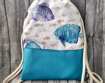 Backpack fish turquoise sea maritime gym bag purple bag animals bag beige hiking linen jute bag imitation leather with drawstring gift idea