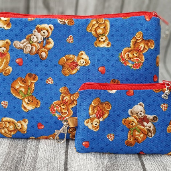 Cosmetic Bag & Key Ring Set Blue Teddy Bear Bärchen Herzchen NEW Handmade Gift Set Travel Accessories Gift for Children