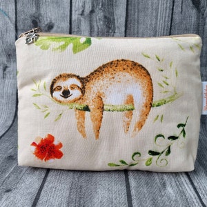 Cosmetic bag sloth beige tropical animals pencil case toiletry bag chilling nature slow NEW Handmade gift idea make-up bag