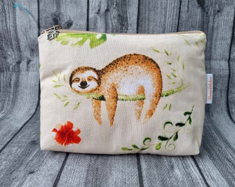 Cosmetic bag sloth beige tropical animals pencil case toiletry bag chilling nature slow NEW Handmade gift idea make-up bag