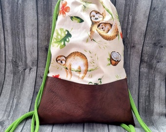 Backpack sloth beige brown gym bag tropical bag jute bag faux leather with drawstring hipster animals laundry bag gift idea