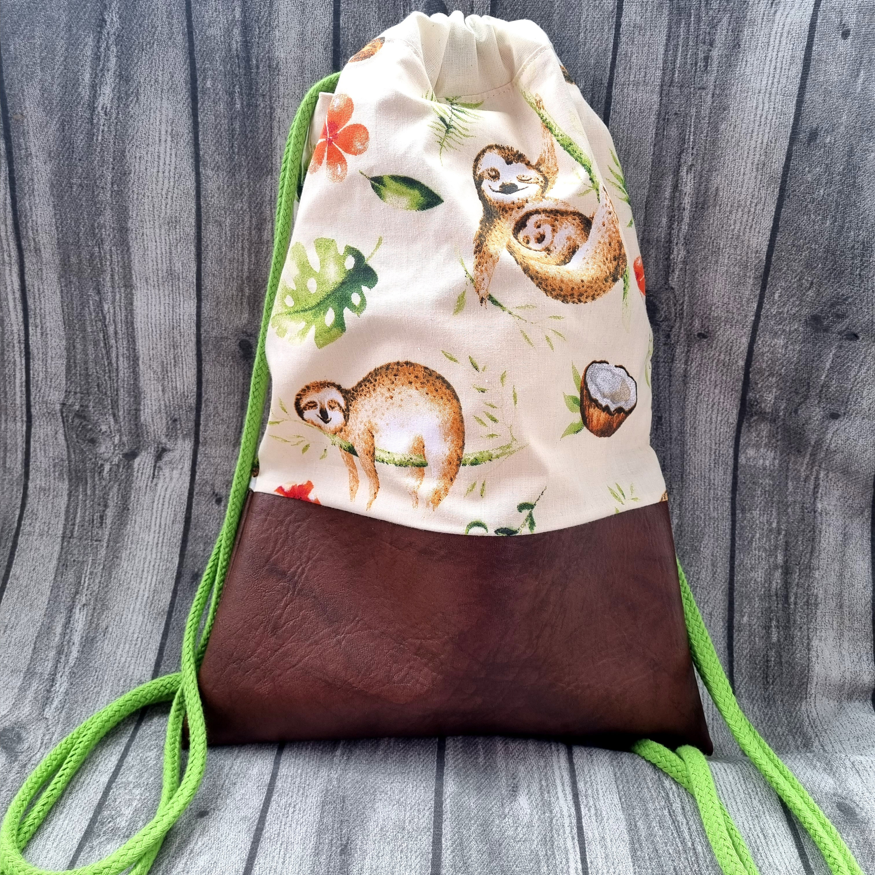 Backpack sloth beige brown gym bag tropical bag pouch jute sack faux leather with drawstring hipster animals laundry bag gift idea