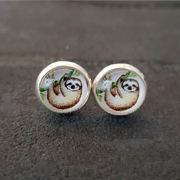 Stud earrings sloth silver animals hanging chill setting round cute earrings accessories 10 mm glass cabochon gold rose gold gift idea