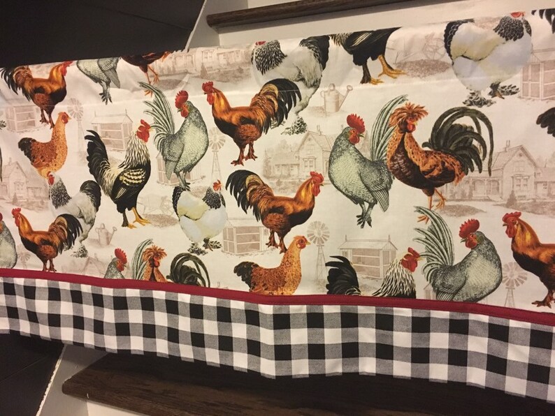 Rooster chicken and black and white gingham 52 inch window valance