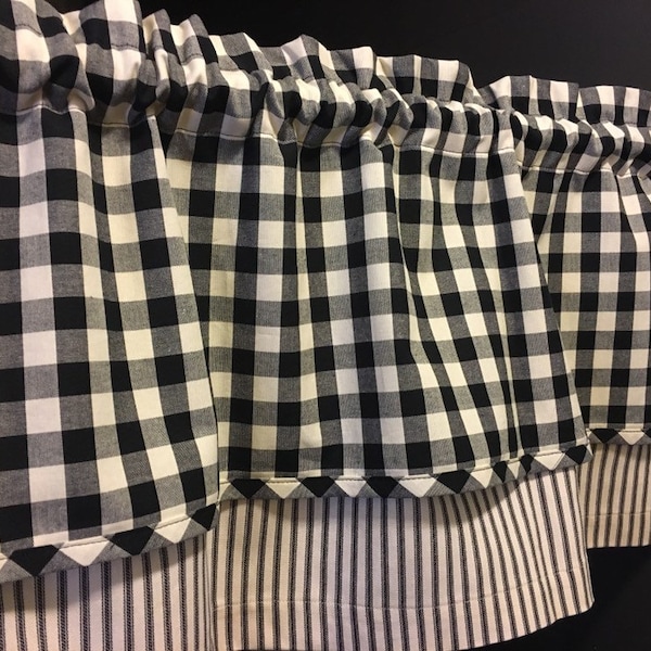 layered ticking and checked plaid country shabby chic valance (choose your color)