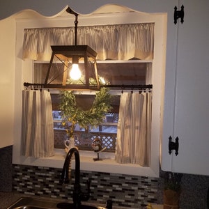 Cafe curtain set : 9 inch ticking valance trimmed in muslim and 24x18 set of tiers