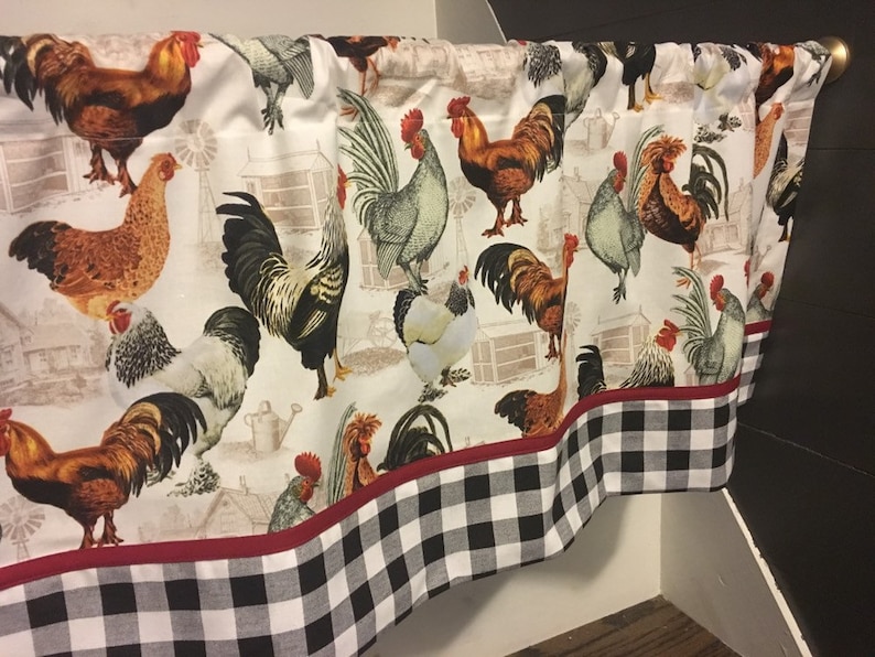Rooster chicken and black and white gingham 52 inch window valance