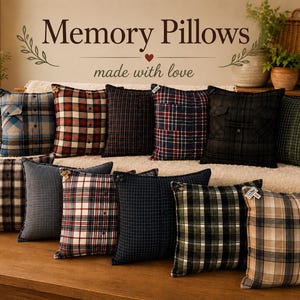 May include: A collection of square memory pillows crafted from repurposed flannel shirts in various plaid and checkered patterns, including blue, red, black, green, and tan colors, with visible shirt pockets and buttons on several of the pillow covers.