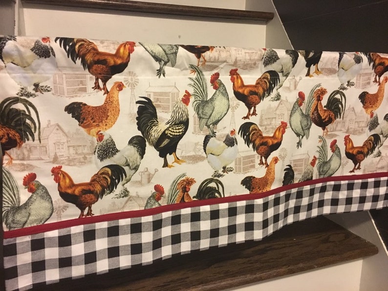 Rooster chicken and black and white gingham 52 inch window valance