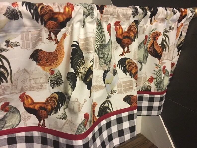 Rooster chicken and black and white gingham 52 inch window valance
