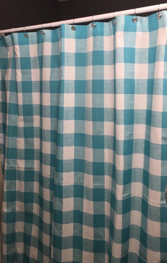 red and turquoise shower curtain