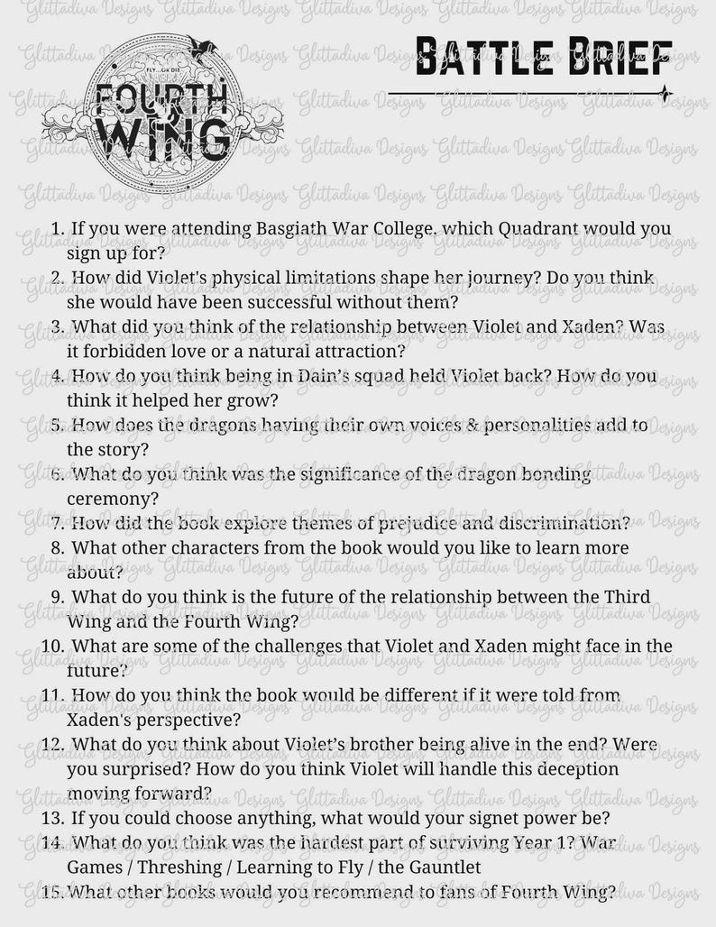 K&ouml;nnte beinhalten: Ein wei&szlig;es Blatt Papier mit dem Titel "Battle Brief" und dem Logo "Fourth Wing". Das Papier enth&auml;lt 15 Diskussionsfragen zum Buch, einschlie&szlig;lich Charakterbeziehungen, Themen und Handlungspunkten. Die Fragen sind in schwarzer Schrift.