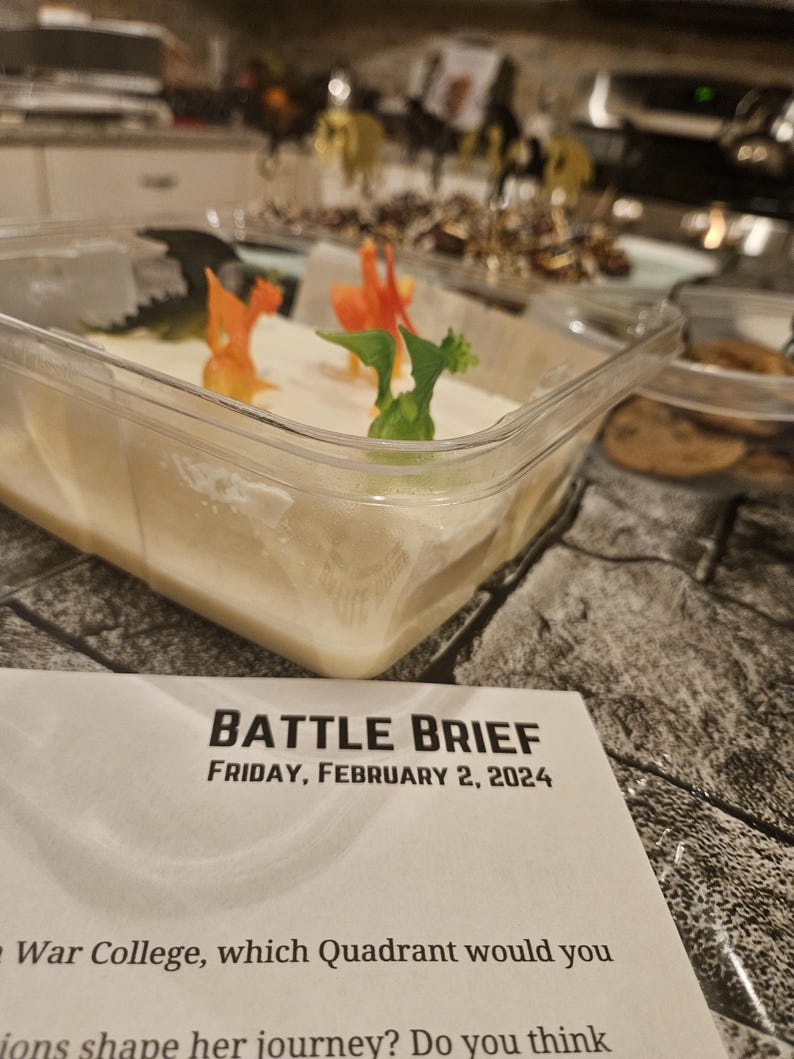 K&ouml;nnte beinhalten: Ein durchsichtiger Kunststoffbeh&auml;lter mit einem hellfarbigen Lebensmittel, verziert mit kleinen, bunten Plastikdrachenfiguren. Ein gedrucktes Dokument mit dem Titel "BATTLE BRIEF" und dem Datum "FRIDAY, FEBRUARY 2, 2024" befindet sich im Vordergrund.