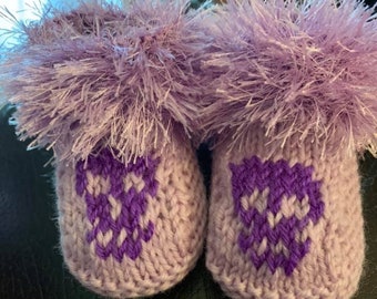 Hand knitted Baby Skull booties with fur top