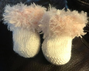 Hand knitted Baby booties with fur top