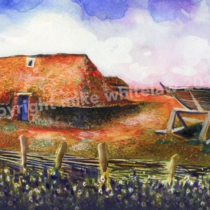May include: Watercolor painting of a thatched-roof cottage with a blue door and a wooden boat on a wooden frame in front of it. The scene is set in a field with wildflowers in the foreground.