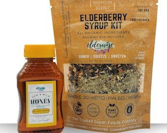 Elderberry Syrup Kit With Honey | Makes 32oz | Brewing Bag Included | Raw HONEY Included | 8oz Bottle