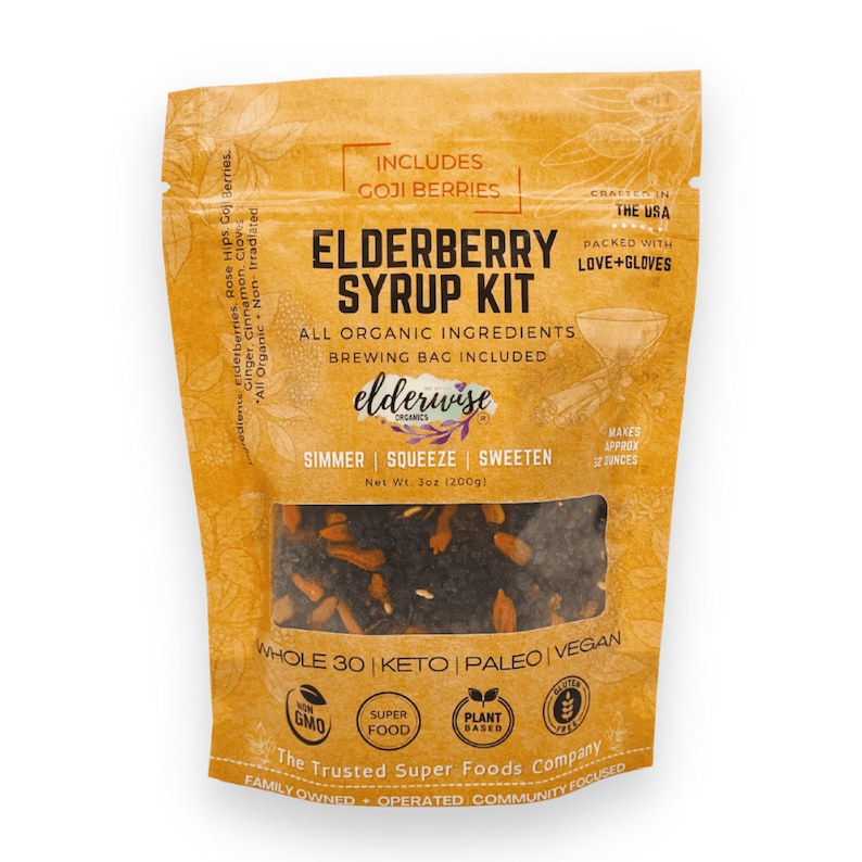 ELDERBERRY SYRUP KIT Makes 32oz Brewing Bag Included Organic Ingredients Elderberry Syrup Kit GOJI BLEND