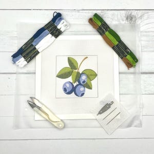 May include: A needlepoint kit featuring a square canvas with a printed blueberry design, two bundles of embroidery floss in blue and green shades, a pair of white handled scissors, two metal needles, and a small square of white mesh fabric.