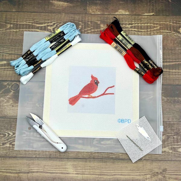 Cardinal Needlepoint Kit (red beak on light blue)