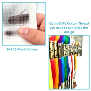 May include: An 8x8 13-mesh needlepoint canvas with a metal needle and a collection of multi-colored DMC cotton embroidery threads. The text reads: 8x8 13-Mesh Canvas and All the DMC Cotton Thread you need to complete the design.