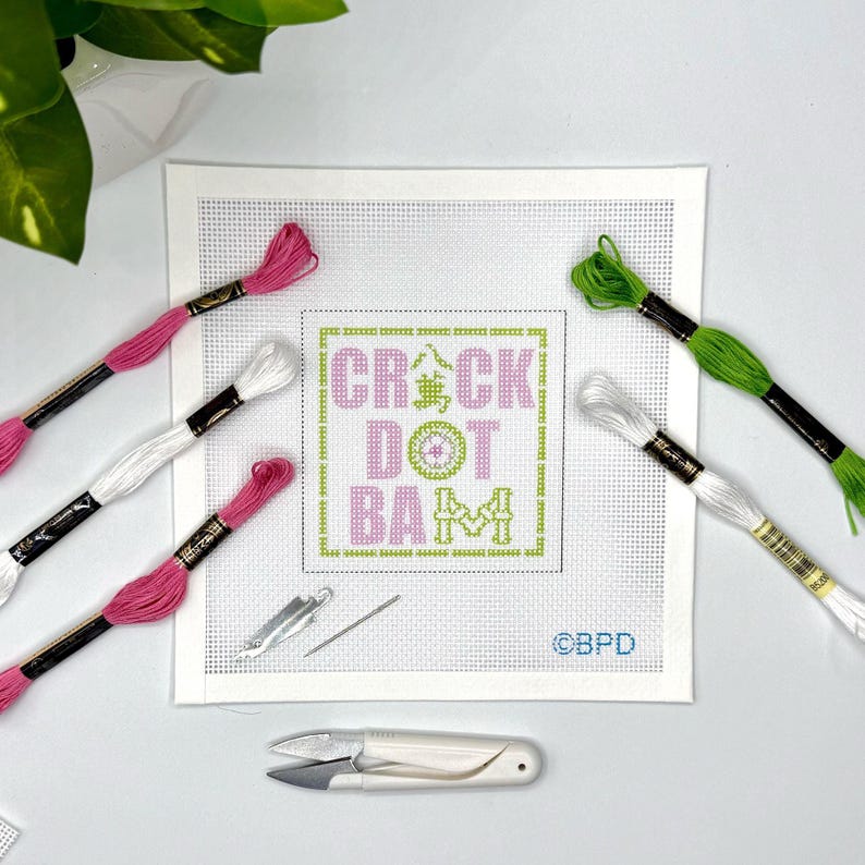 May include: A square needlepoint canvas featuring the text CRACK DOT BAM in pink and green cross-stitch letters within a green border. The kit includes three pink embroidery floss skeins, one green skein, one white skein, a needle, and white snips.