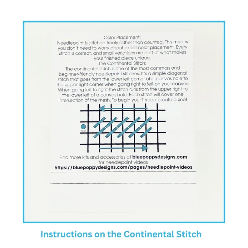 May include: A white instructional card detailing the Continental Stitch for needlepoint. It includes text explaining color placement and stitch technique, a black grid diagram with blue diagonal stitch lines and arrows, and the URL bluepoppydesigns.com.