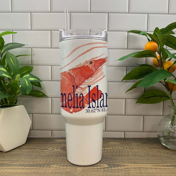 Amelia Island Georgia watercolor painting of aShrimp printed on a 40 ounce Stanley style double insulated Tumbler