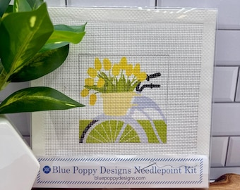 Blue Bicycle Yellow Flowers Needlepoint Kit