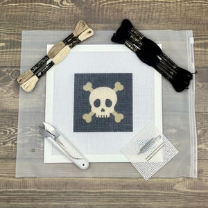 May include: A needlepoint kit featuring a square canvas with a skull and crossbones design in cream and dark blue. The kit includes two skeins of cream embroidery floss, two skeins of black floss, a pair of white snips, and two metal needles.