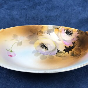 Antique Nippon hand painted porcelain relish dish, roses, purple, orange, brown, Nippon, Morimura