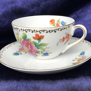 Noritake Dresdlina teacup and saucer, vintage Morimura, colorful floral, pink, orange, blue, gold trim