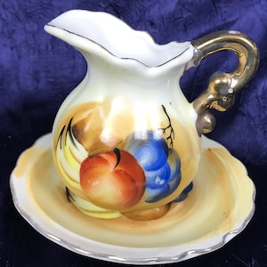 Miniature fluted porcelain pitcher and saucer, vintage 1950s Japan, colorful fruit, gold trim