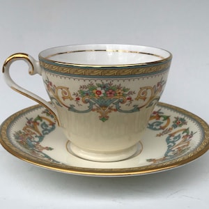 Vintage John Aynsley &quot;Henley&quot; tea cup and saucer, colored floral, gold, green