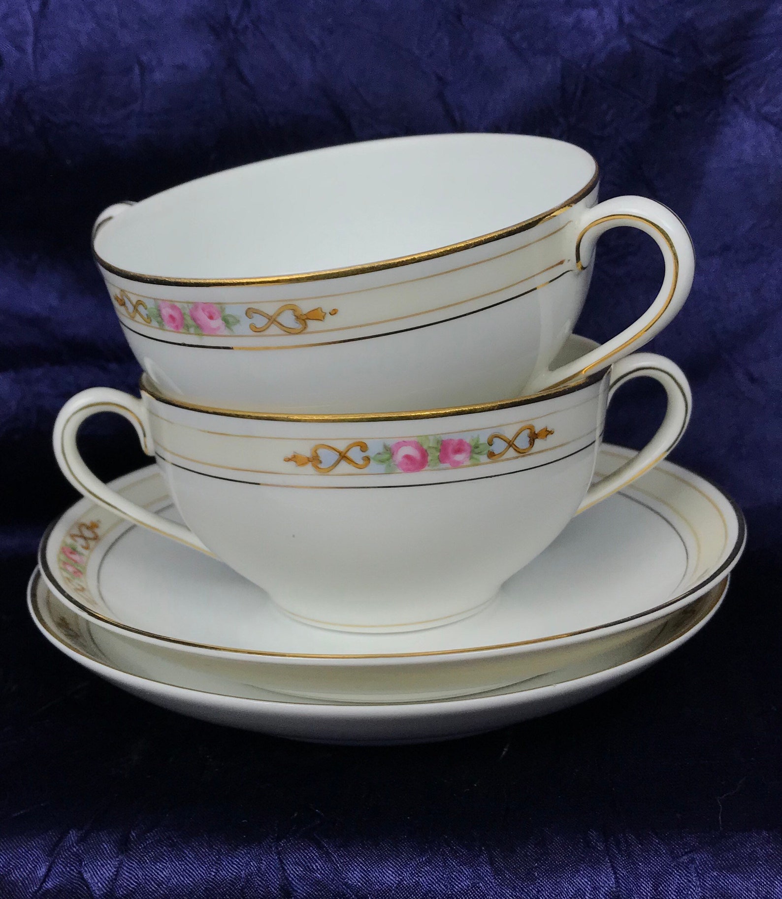 Antique Noritake Morimura Bouillon Cups and Saucers, Set of 2, 1910s