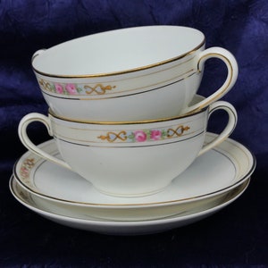 Antique Noritake Morimura bouillon cups and saucers, set of 2, 1910’s, Ansonia pattern, Art Nouveau, pink flowers with gold trim