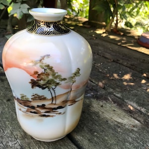 Nippon “bibi” vase, Noritake style, sunset landscape with trees, black and gold trim, 1920s