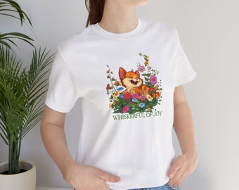 Wunderliche Katze in Blumen Unisex T-Shirt - "Whiskerful of Joy" Grafik-T-Shirt für Katzenliebhaber, Blumendruck-Shirt