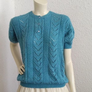 60er-70er Jahre mod Bluse handgestrickte Bluse pointelle Strickbluse Kurzarm Pullover Frühlingsstrickbluse Spitzenstrick Top Blaue Lochbluse