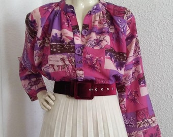 70er jahre chinesisch inspirierte bluse multicolor bluse elegante statement bluse neuheit druck bluse bunte bluse glockige ärmel grunge bluse