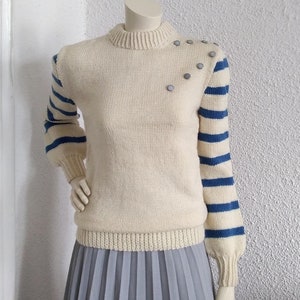 70s handknitted sweater striped sleeve sweater striped jumper wool sweater minimalist navy sweater crew-neck winter pullover beige blue top