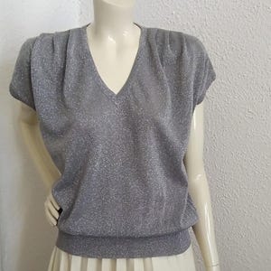 80s lurex blouse shiny blouse draped blouse glitter blouse evening party blouse sparkle blouse 40 EU size V-neck silver blouse minimal top
