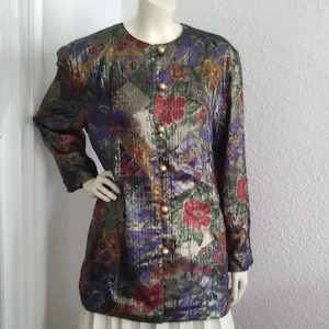 Blazer de noche DIVINA OF SWITZERLAND años 80, blazer con estampado floral brillante, blazer con estampado botánico, blazer de lurex, chaqueta de fiesta, chaqueta disco, chaqueta de viscosa brillante