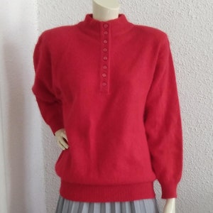 80er Jahre roter Angora Pullover Mockneck flauschiger Pullover
