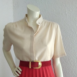 70er tut 50er Bluse zarte Stickerei Bluse neutral beige Bluse Bischofskragen schlichte Basic Bluse Sommer elegante Bluse